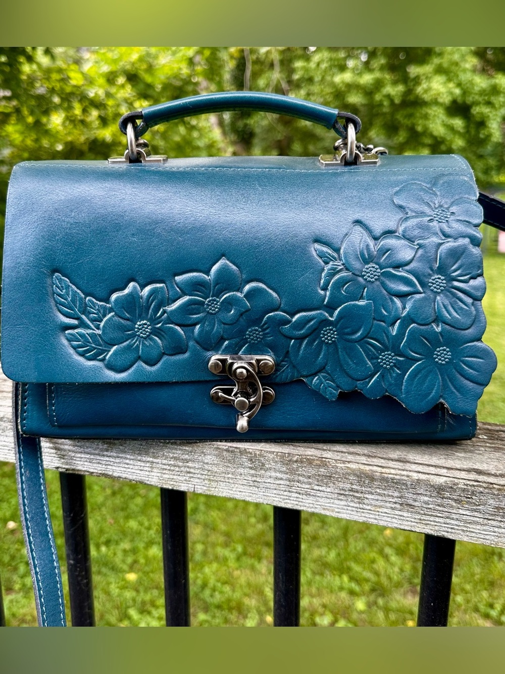 Patricia Nash Caribbean Blue Embossed Leather Satchel Crossbody Purse P658354
